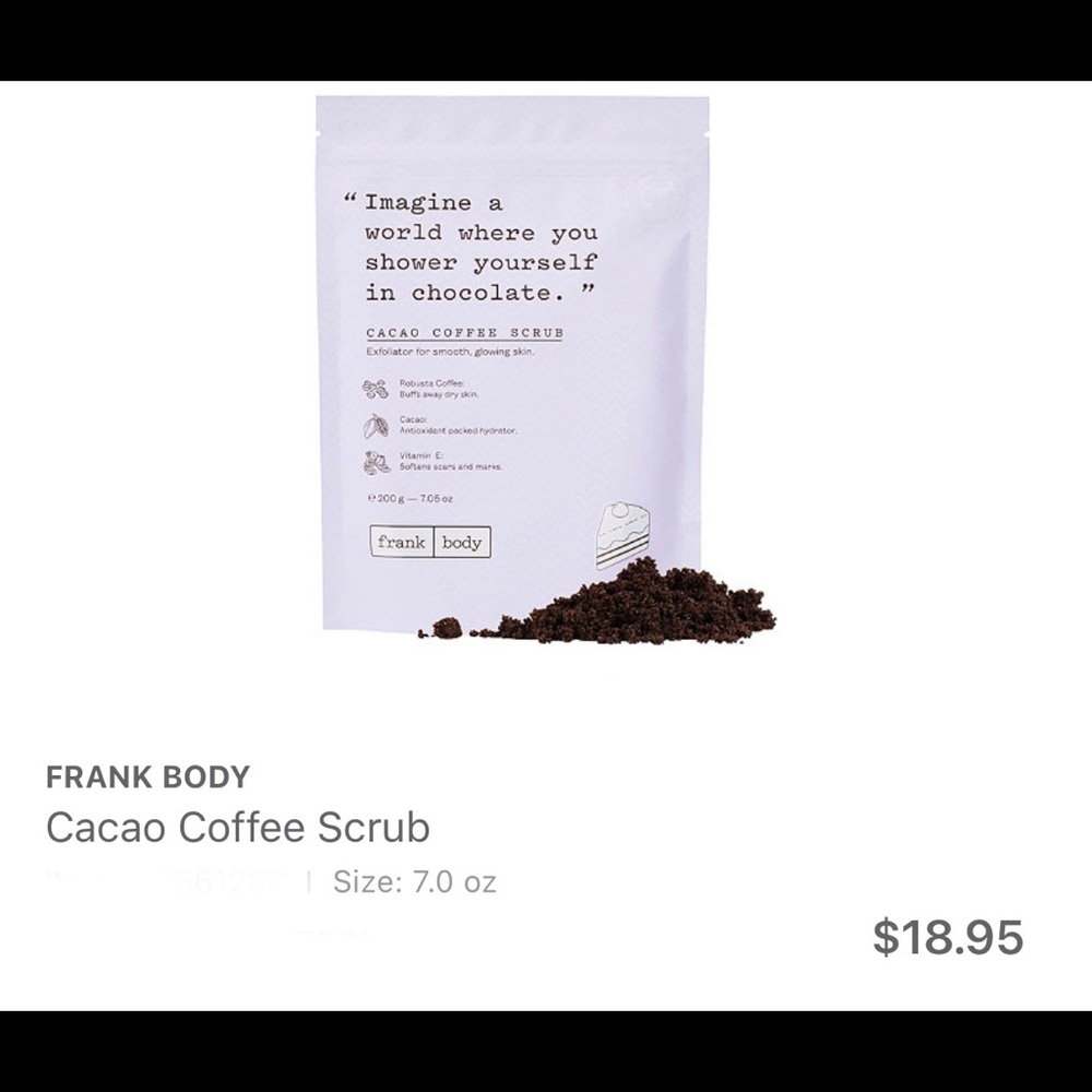 🍄6/$26 Full size Frank Body's Cacao Coffee Scrub NWT